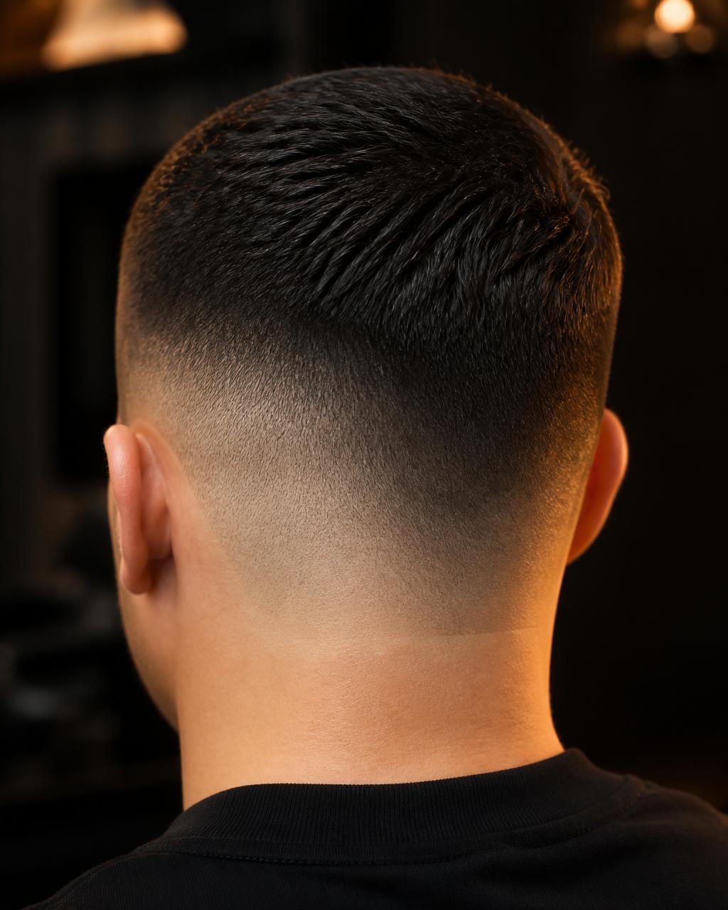 Detalhe do degradê e do acabamento na nuca após o corte