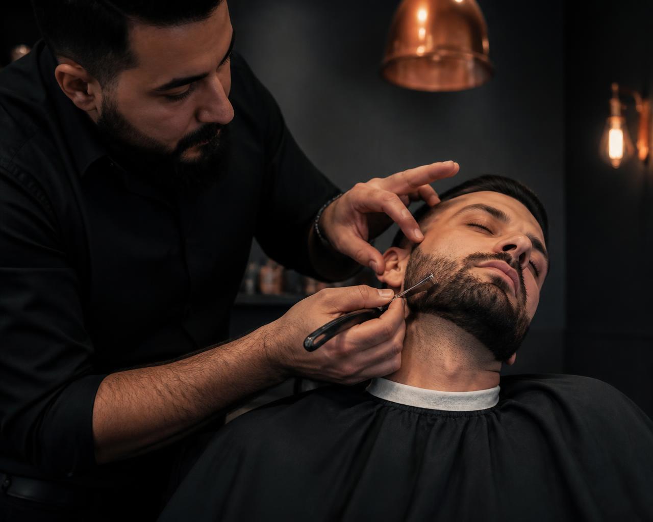 Barbeiro desenhando a barba com navalha