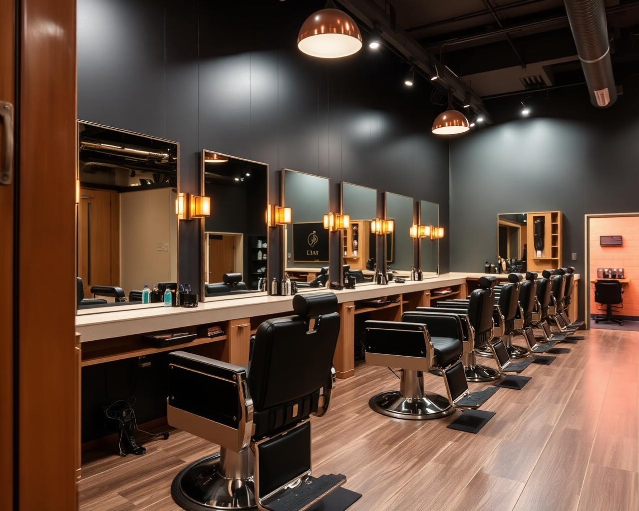 Ambiente da barbearia com cadeiras e espelhos